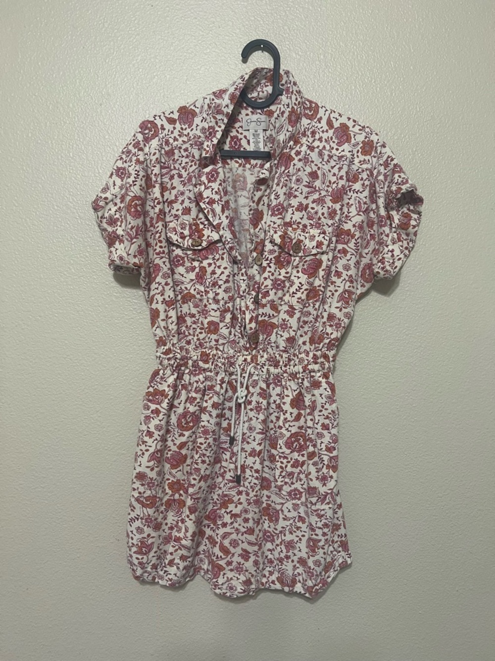 Jessica Simpson Cream Floral Button-Front Romper with Rust and Pink Blooms